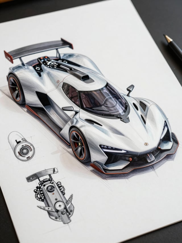 sketch of a futuristic hyper car on a sheet of paper, with visible mechanical parts, very detailed a