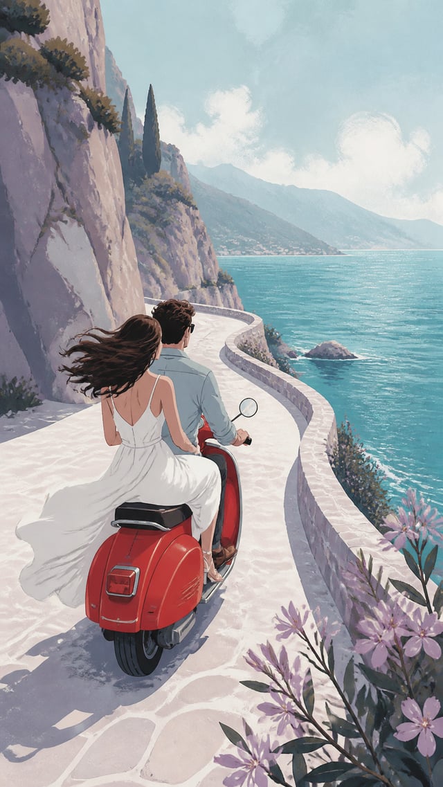 Editorial illustration of a young couple riding a bright red vintage scooter along a coastal road. T