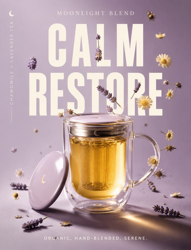 A premium vertical product poster for a fictional wellness tea brand "MOONLIGHT BLEND". Center a sin
