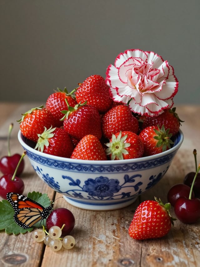 A photograph of a blue-and-white porcelain bowl overflowing with ripe wild strawberries, arranged in