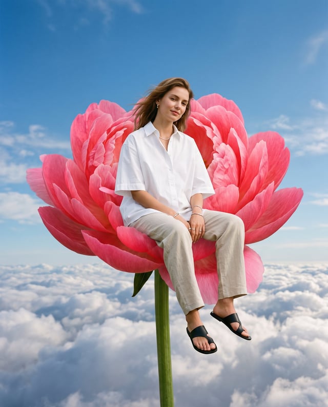 photorealistic high-fashion editorial image, vertical 4:5. A young adult fashion model sitting calml