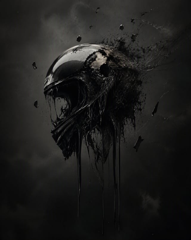 A dark surreal conceptual editorial poster featuring a futuristic black motorcycle helmet suspended 