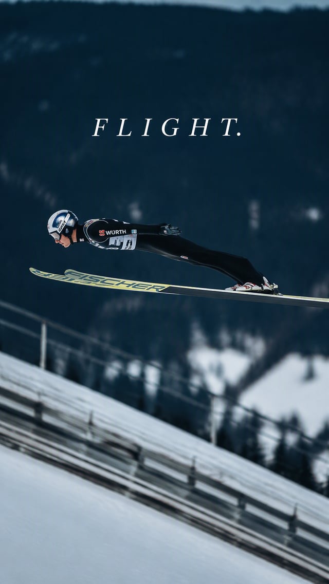 Create a premium 9:16 sports editorial.Main Subject:Young male ski jumper captured immediately after