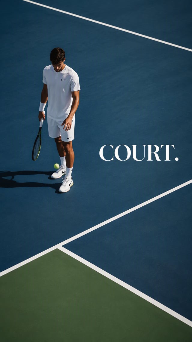 Create a premium 9:16 tennis editorial.Main Subject: Young male tennis player standing alone on an e