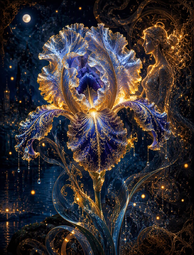 A mesmerizing digital close-up of a mystical, unreal iris flower, meticulously crafted from swirling