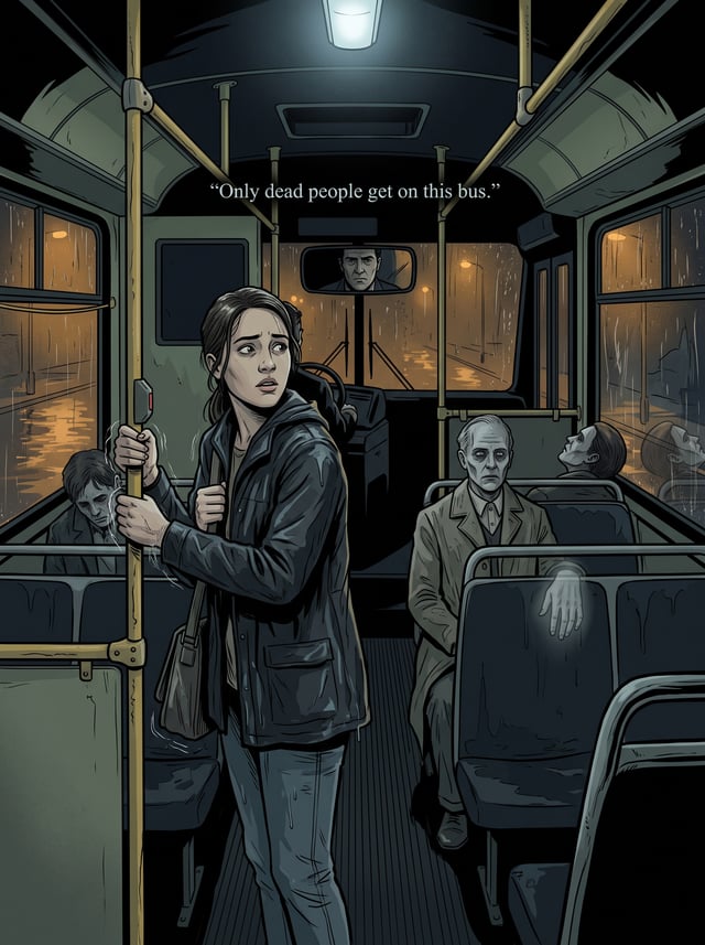 Create a cinematic supernatural horror image of a young woman who has just boarded the final midnigh
