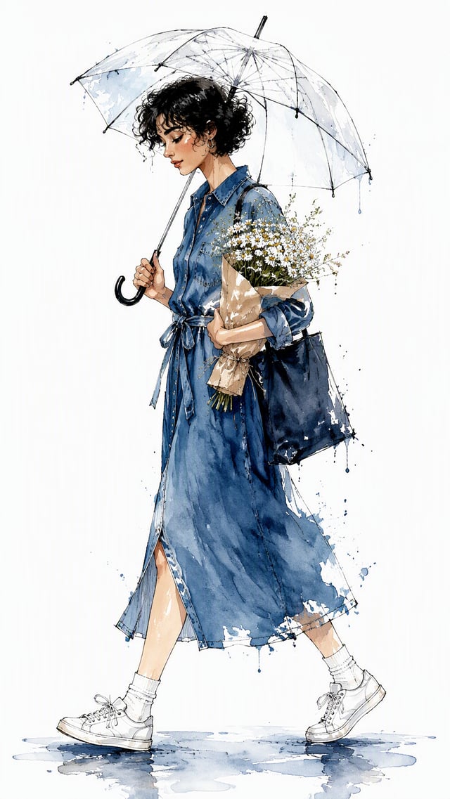 A young woman with short curly dark hair walks in profile, eyes gently downcast, holding a large tra