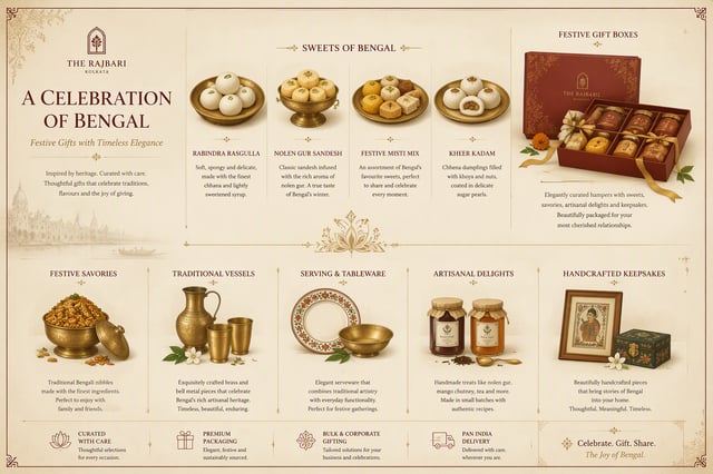 Create a premium horizontal editorial product catalog page inspired by Bengali festive gifting. Use 