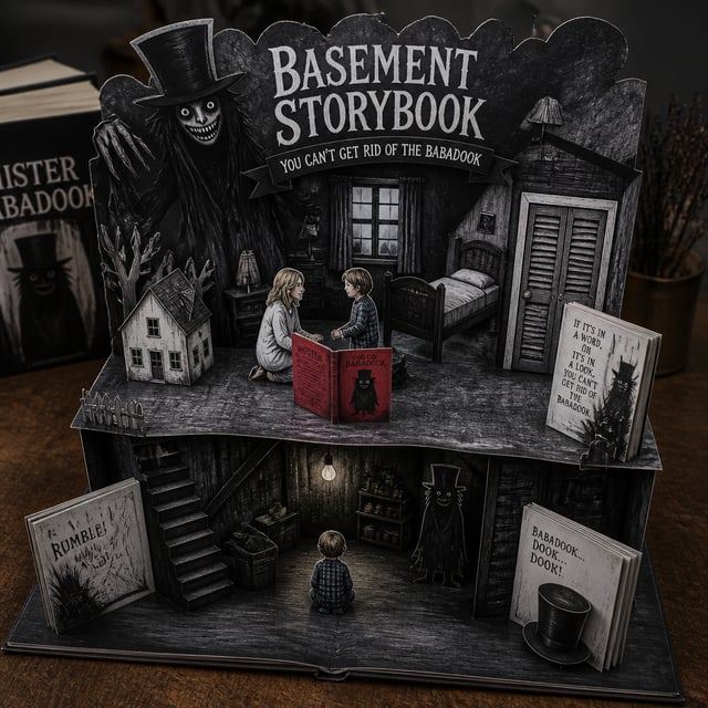 The BabadookCreate a The Babadook-themed 3D pop-up papercraft storybook diorama on wooden table, ele