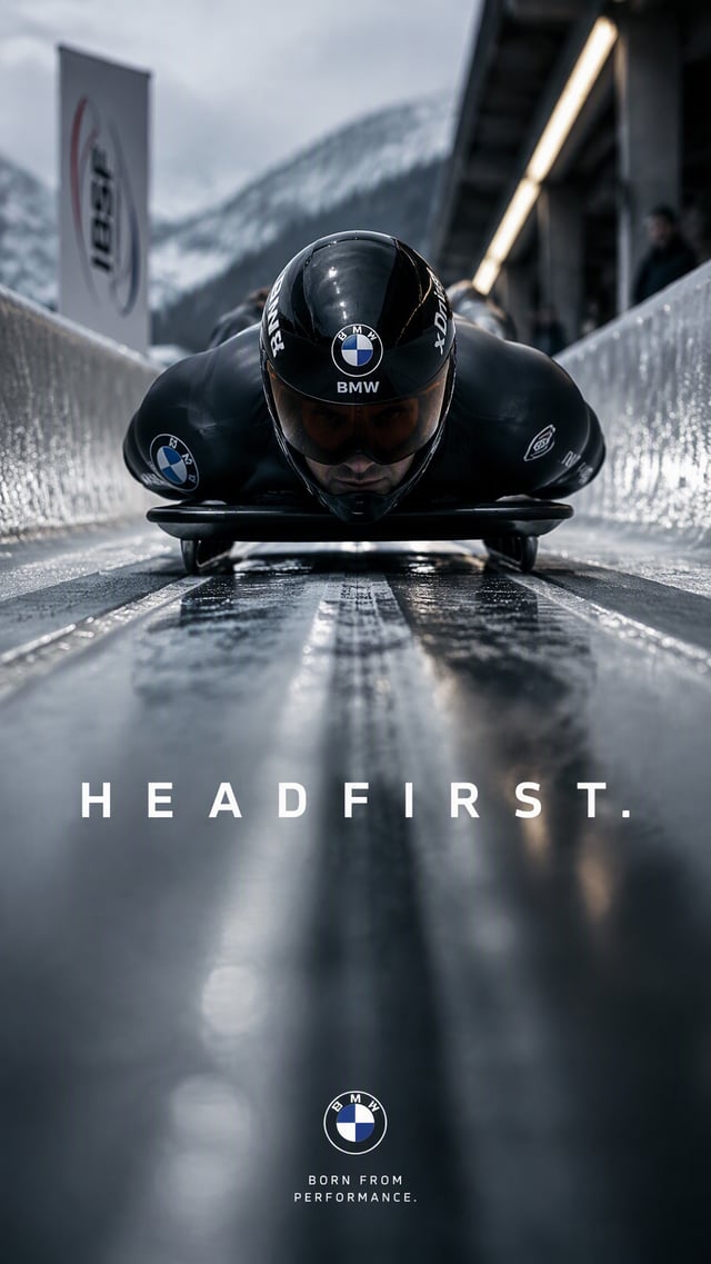 Create a premium 9:16 winter sports editorial.Main Subject: Young male skeleton racer lying face-dow