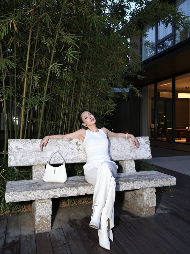 Create a vertical 3:4 near-full-body environmental fashion portrait photographed outdoors at night w