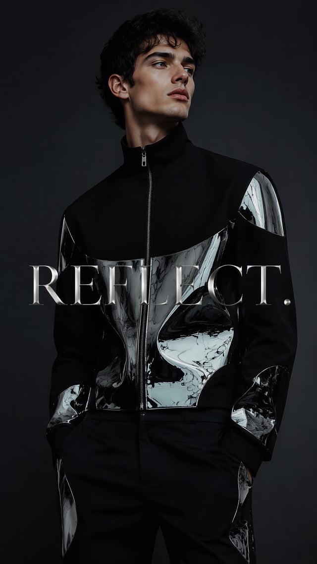 Create a premium 9:16 luxury editorial portrait of a young male model wearing a matte black outfit.H