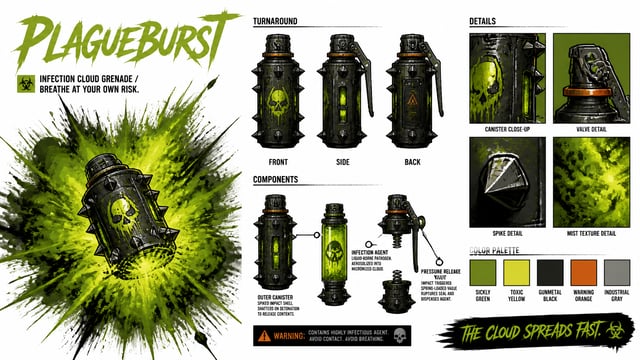 Create a premium cinematic tech bible sheet for an original weapon called PLAGUEBURST, an infection 