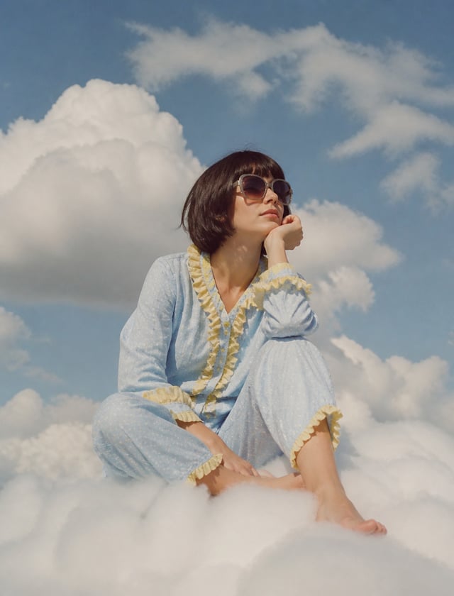 Photo of an eccentric woman sitting on top of white fluffy clouds, wearing large sunglasses and ligh