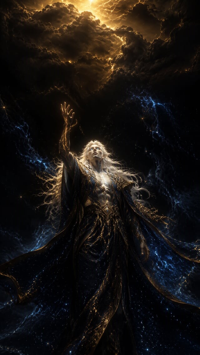 THE FIRST, using the exact uploaded MASTER CHARACTER REFERENCE, standing alone in the primordial dar