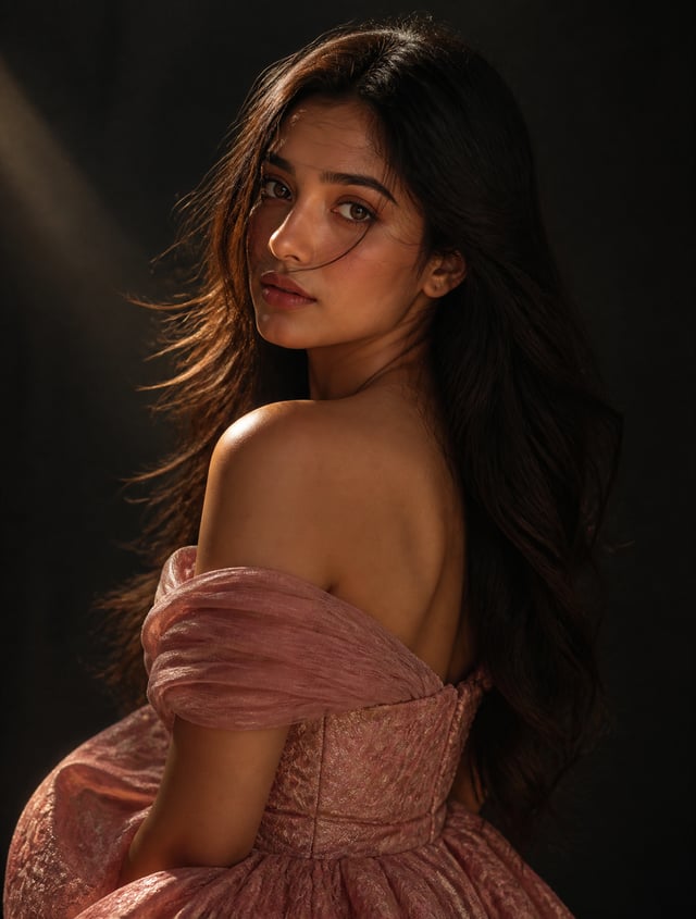 A high-fashion magazine style portrait of a young woman with long, dark, flowing hair and soft wisps