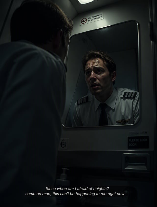 low angle. An airplane pilot is talking to himself looking into his eyes in the airplane's bathroom 