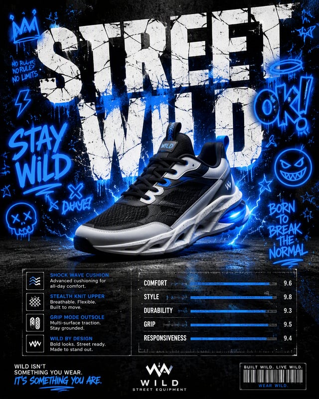 A dynamic shoe ad. A central, clean product shot of the modern sneaker is surrounded by chaotic, glo