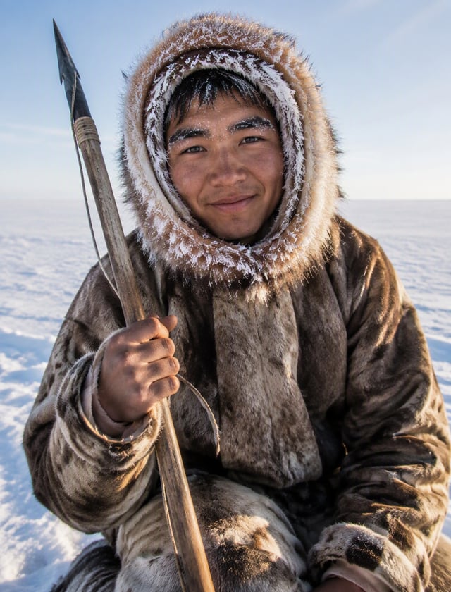 An ultra-realistic documentary portrait of a young Inuit hunter kneeling on sea ice, a gentle proud 
