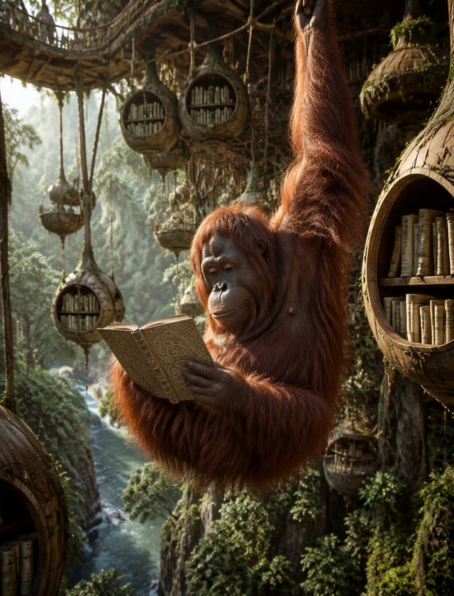 A photograph of an orangutan gracefully swinging within a unique library, the “Canopy Cradle Library