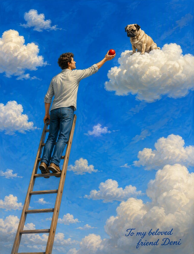 The bizarre and surreal scene takes place under a brilliant blue sky with fluffy white clouds. In th