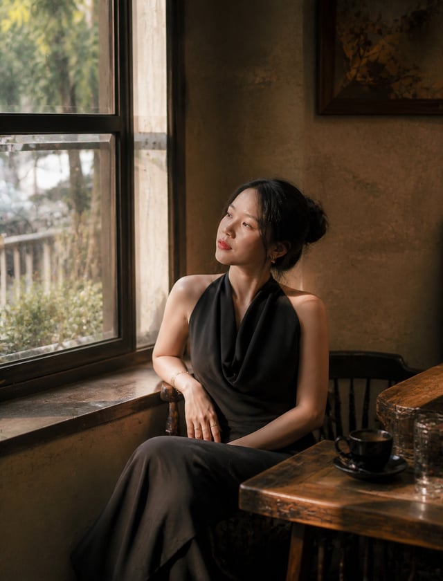 Ultra-realistic cinematic fashion photography of a beautiful woman.Wearing an elegant black designer