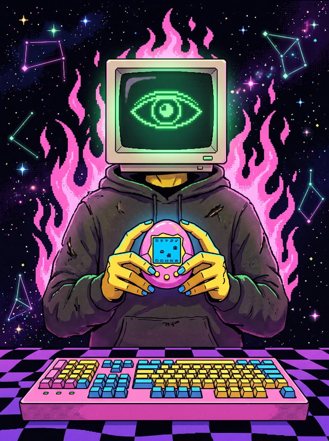 A surreal, retro-futuristic illustration depicts a figure in a dark hoodie, whose head is replaced b