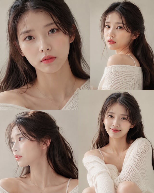 Photorealistic Korean beauty portrait of a cute young woman with long wavy dark hair and soft wispy 