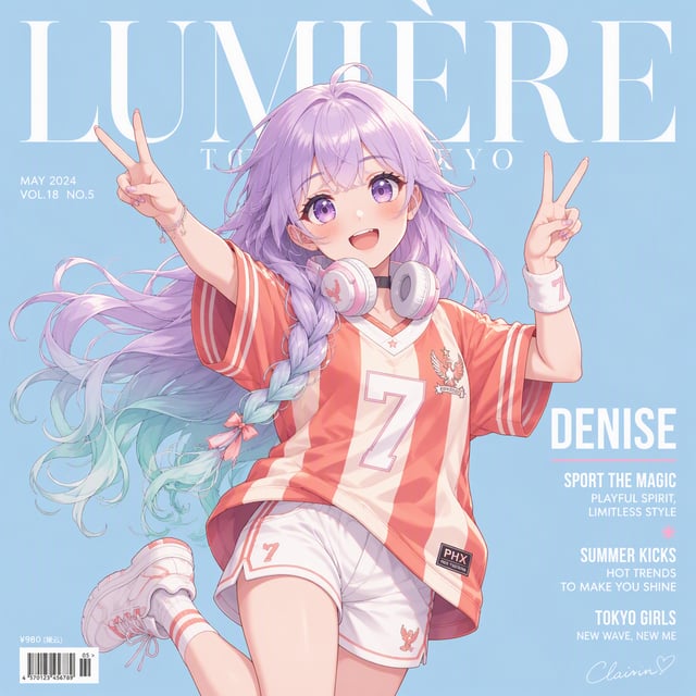 Anime-style fashion magazine cover illustration, square 1:1 format, soft pastel sky-blue background.