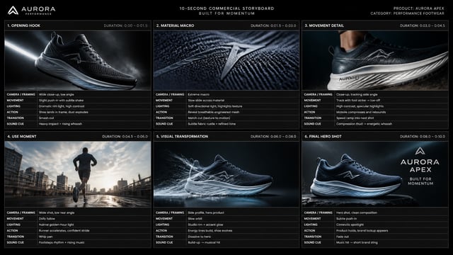 Create a 10-second cinematic product commercial storyboard for спортивной обуви. Include six timed s