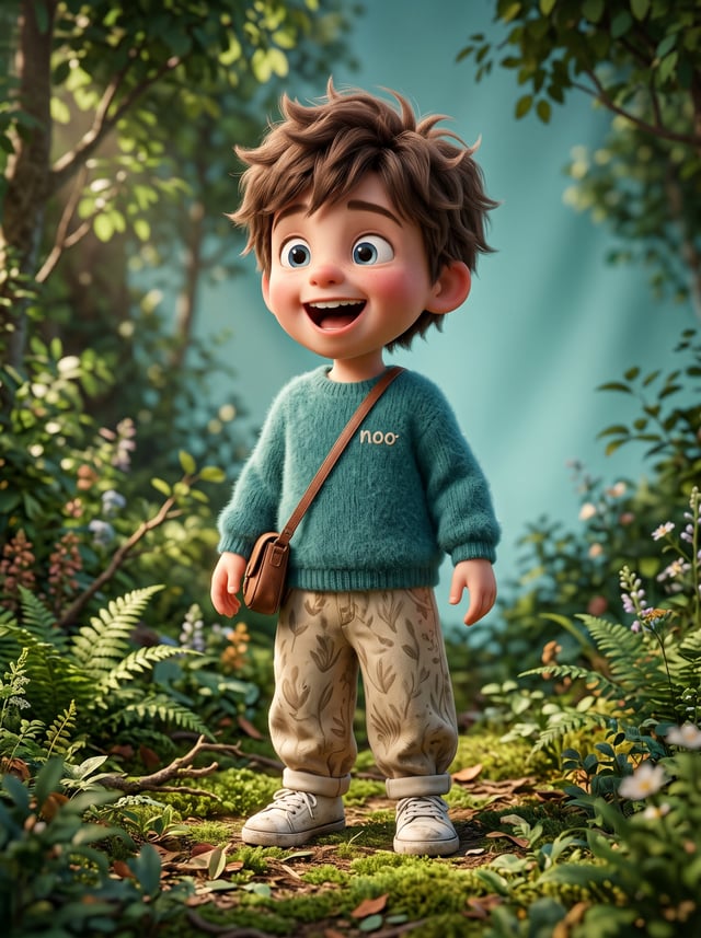 3D Pixar-style animated monkey character, cute young boy with messy brown hair and big expressive bl