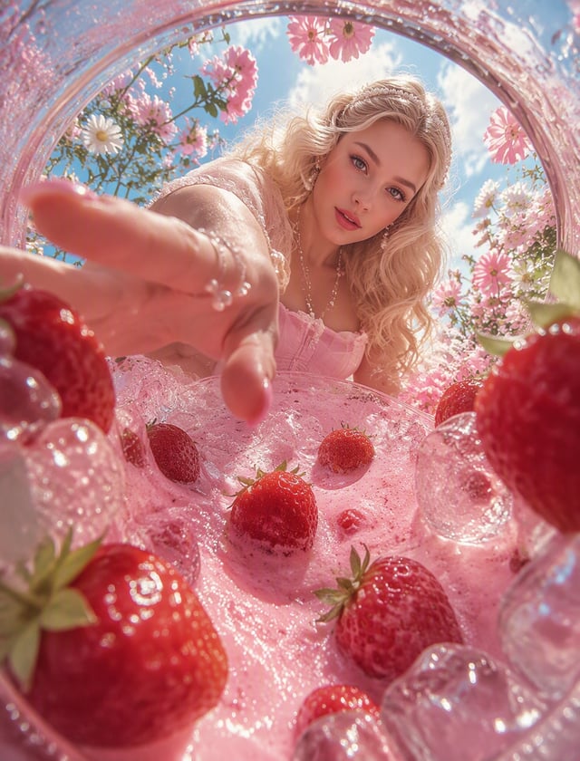 Ultra-photorealistic high-fashion editorial photograph in a dreamy pink strawberry-and-cream aesthet