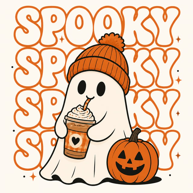 "A cute cartoon-style Halloween ghost illustration for t-shirt design, retro groovy aesthetic with b
