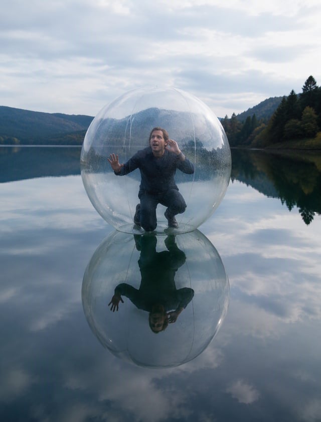 Static. inside a plastic bubble floating in the middle of a lake that reflects the quiet landscape l