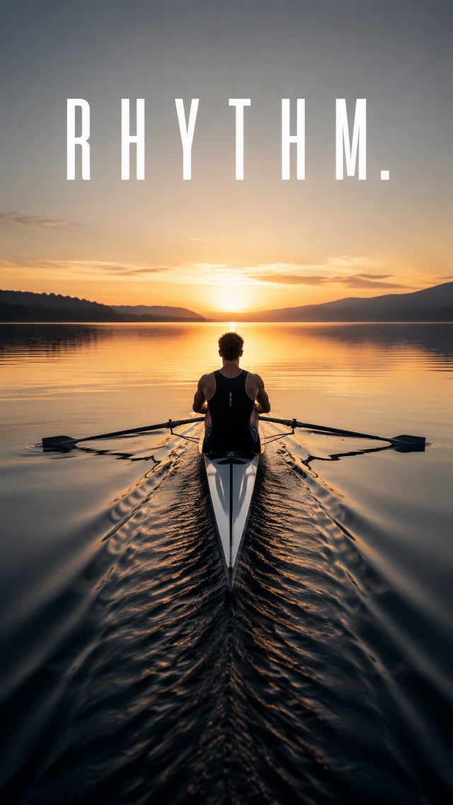 Create a premium 9:16 editorial sports poster.Main Subject: Young male rower sitting alone in a raci