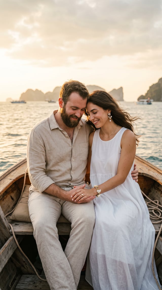 Photorealistic vertical portrait of an intimate couple seated in the bow of a wooden boat at sea dur