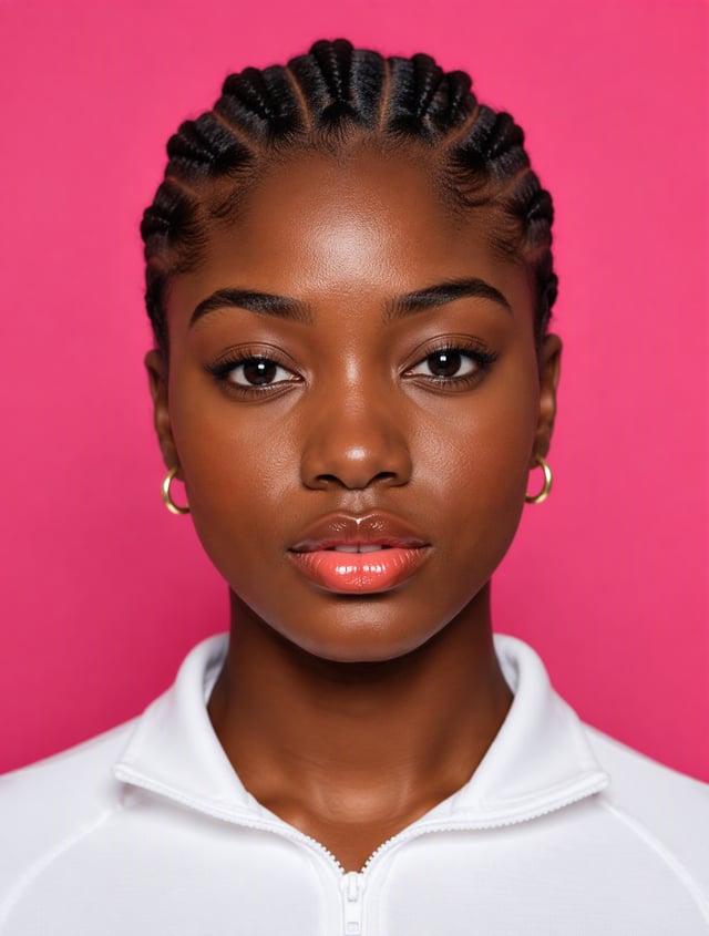 A young Black woman faces the camera in a centered, symmetrical head-and-shoulders portrait, wearing