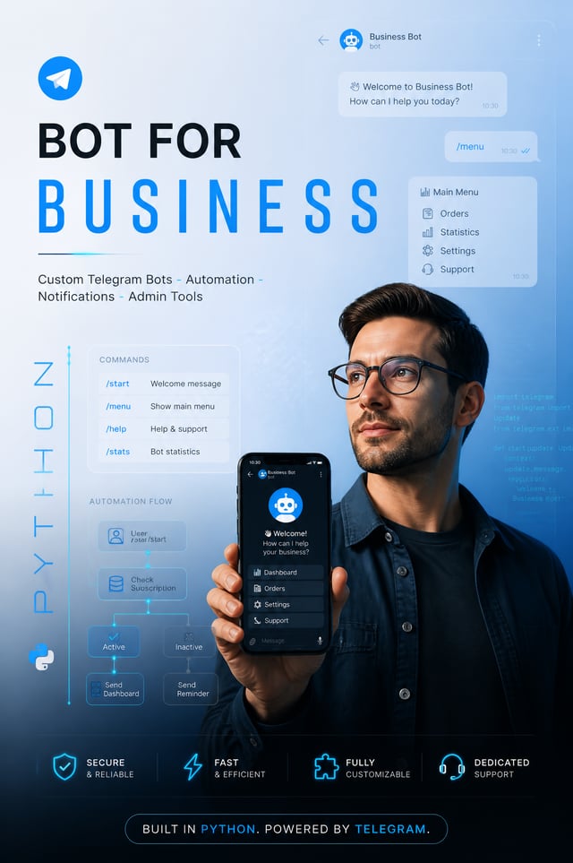 Minimalist premium advertisement for a custom Telegram bot development service in Python.Main headli