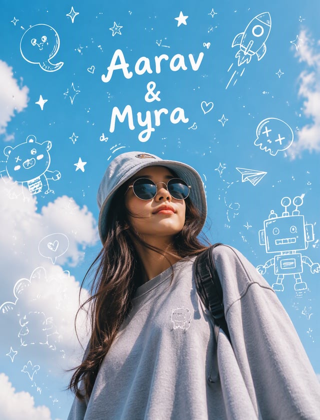 Low-angle aesthetic portrait of [subject from reference image], standing under a bright blue sky fil