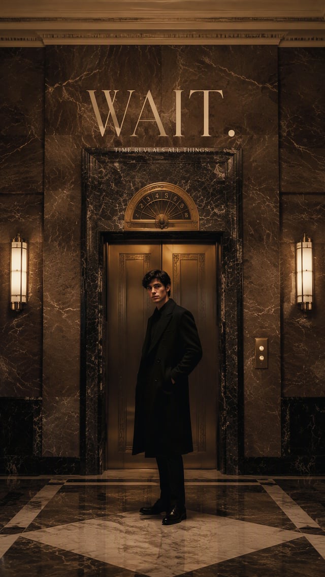 Premium editorial campaign.Main Subject: Young man standing inside a vintage elevator lobby.Creative