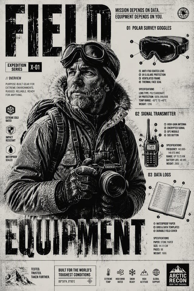 A mixed-product ad. A high-contrast halftone of the explorer with a camera is central, but next to h