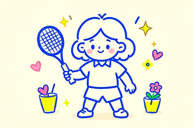 Playing tennis is represented by a minimalist hand-drawn doodle illustration based on a color monoli
