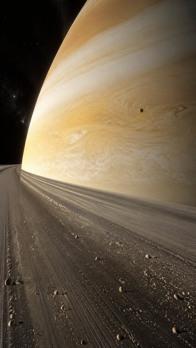A breathtaking photorealistic view of Saturn seen up close from just above its rings, the delicate b
