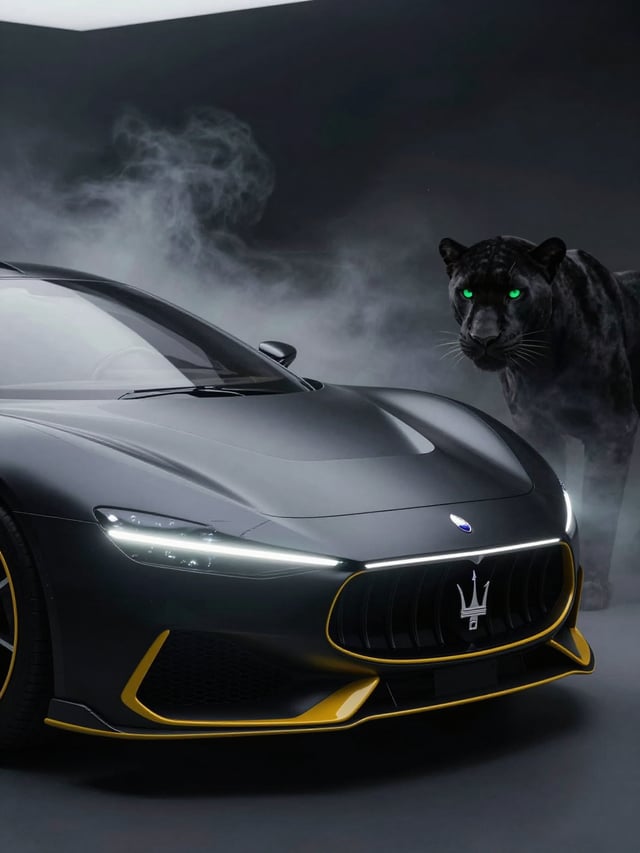 Futuristic Maserati concept car in matte black with matte intense yellow trims, featuring a sharply 