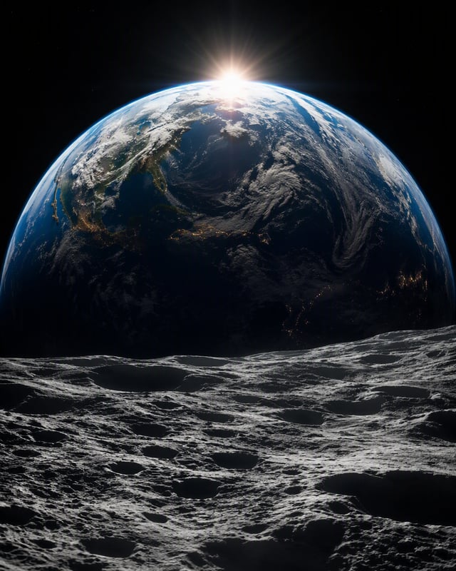 SUBJECT: a photorealistic sunrise seen from the surface of the Moon, Earth hanging huge and vivid in