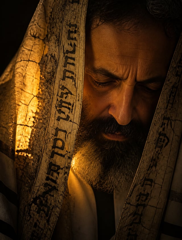 A man with a salt-and-pepper beard is captured in a contemplative, downward-gazing expression, his f