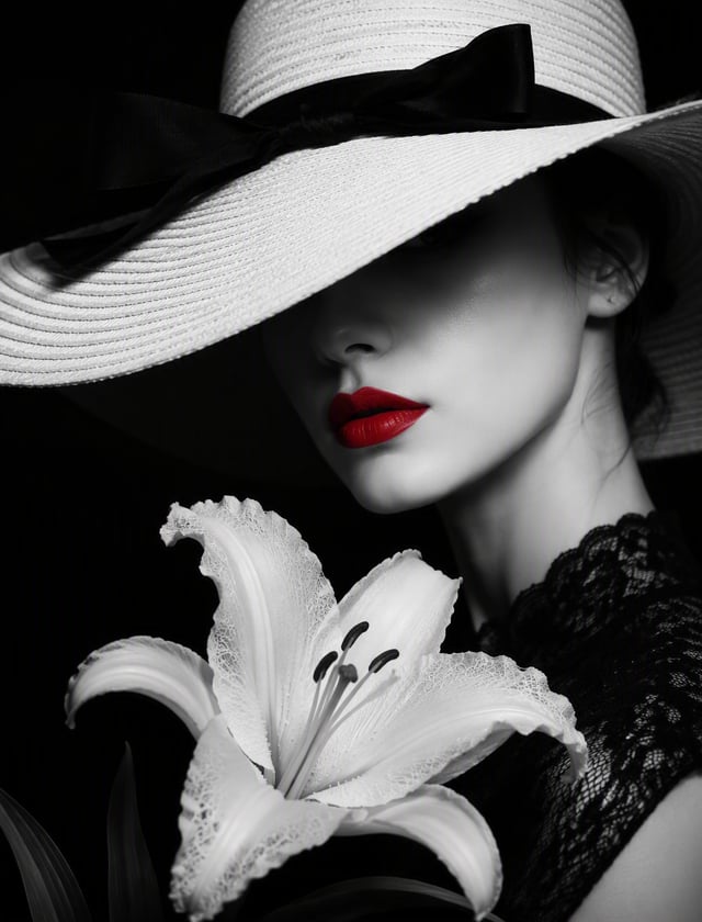 The striking black-and-white portrait photograph depicts a strikingly beautiful young woman partiall