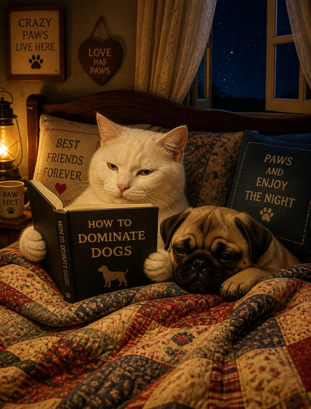 A warm, humorous photo of a white cat and a pug puppy snuggled up in bed. The cat sits reading the b