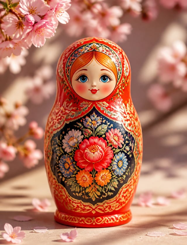 A stunning photograph of a beautifully intricate Russian matrioshka doll, with its outermost layer p