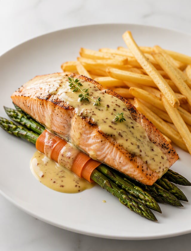 A photo of a beautifully plated dish featuring a piece of salmon drizzled with a creamy mustard sauc